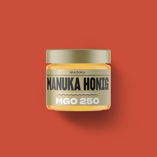Abgebildet ist ein Manuka-Honig MGO250 in einem 150Gramm Glas.