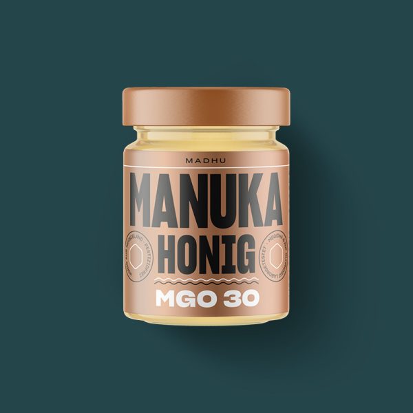 Abgebildet ist ein Manuka-Honig MGO300 in einem 250Gramm Glas.